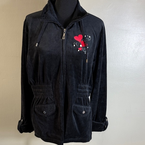 Lynngarbo Jackets & Blazers - Lynngarbo Black Velour Velvet Hoodie Zip-Up Jacket Embroidered Hearts Sz XL NEW